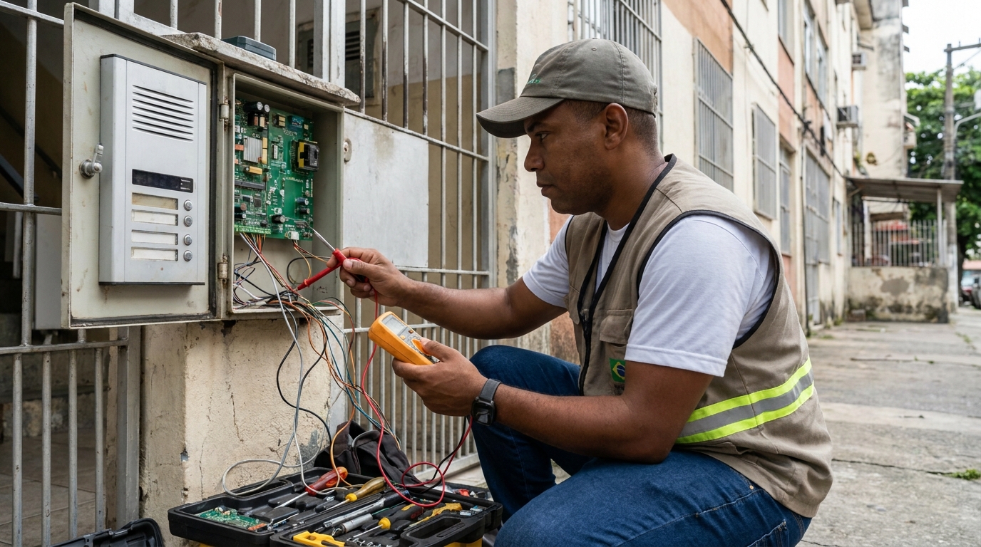 Eletricista consertando interfone em Uberlândia‑MG
