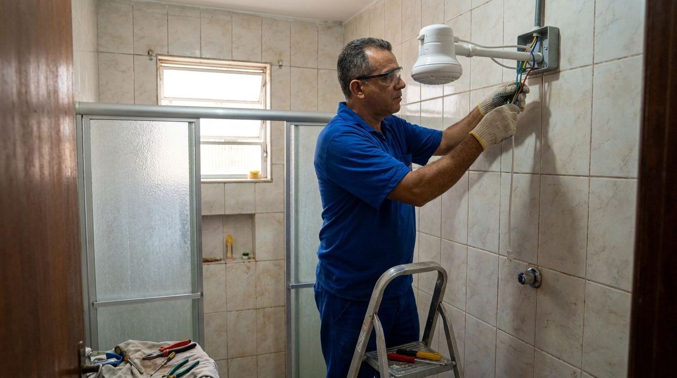 Eletricista instalando chuveiro eletrico em Uberlândia‑MG