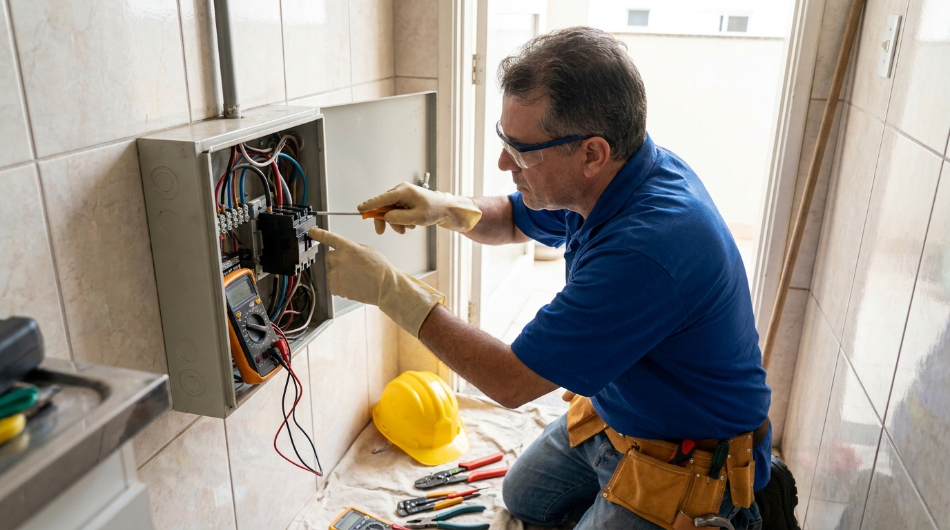 Eletricista instalando disjuntor em Uberlândia‑MG