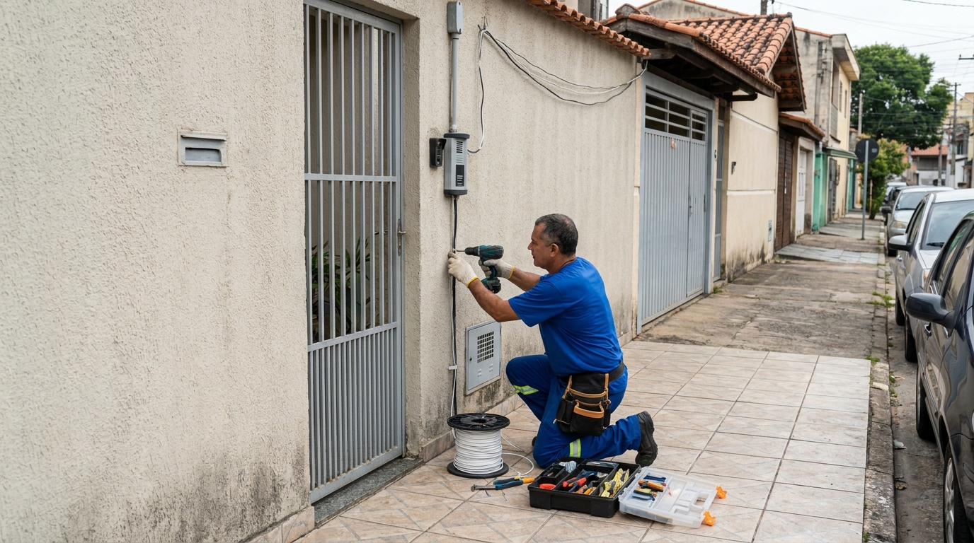 Eletricista instalando interfone em Uberlândia‑MG